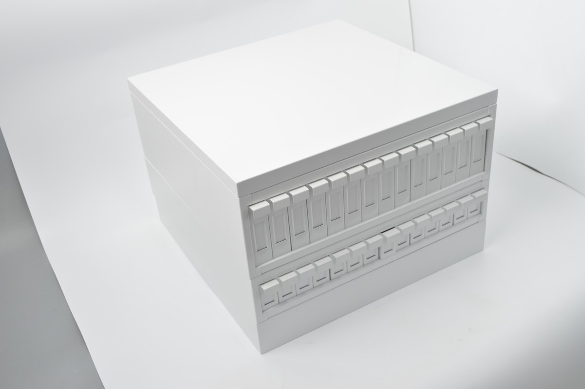 Slide storage cabinet for pathology laboratories, closed three-quarter view before export packing