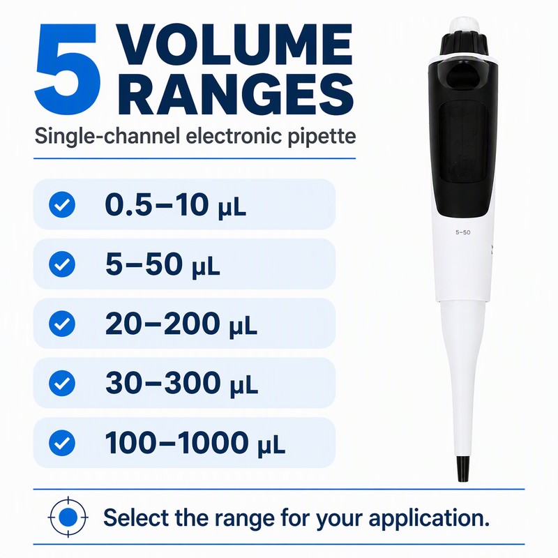 single channel electronic pipette 5 volume ranges 0.5-10 ul 5-50 ul 20-200 ul 30-300 ul 100-1000 ul