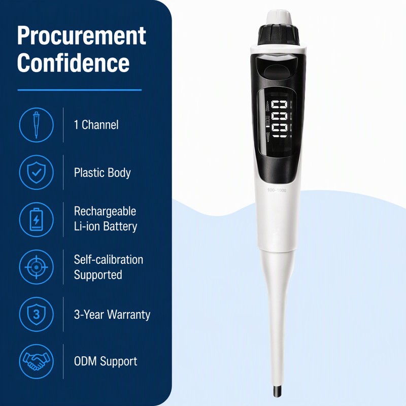 single channel electronic pipette with plastic body li-ion battery self calibration and 3 year warranty