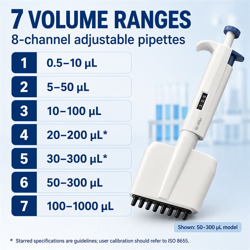 8 channel pipette seven volume ranges 0.5-1000 ul
