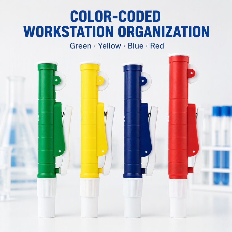 pipette pump color coded workstation organization green yellow blue red lab bench