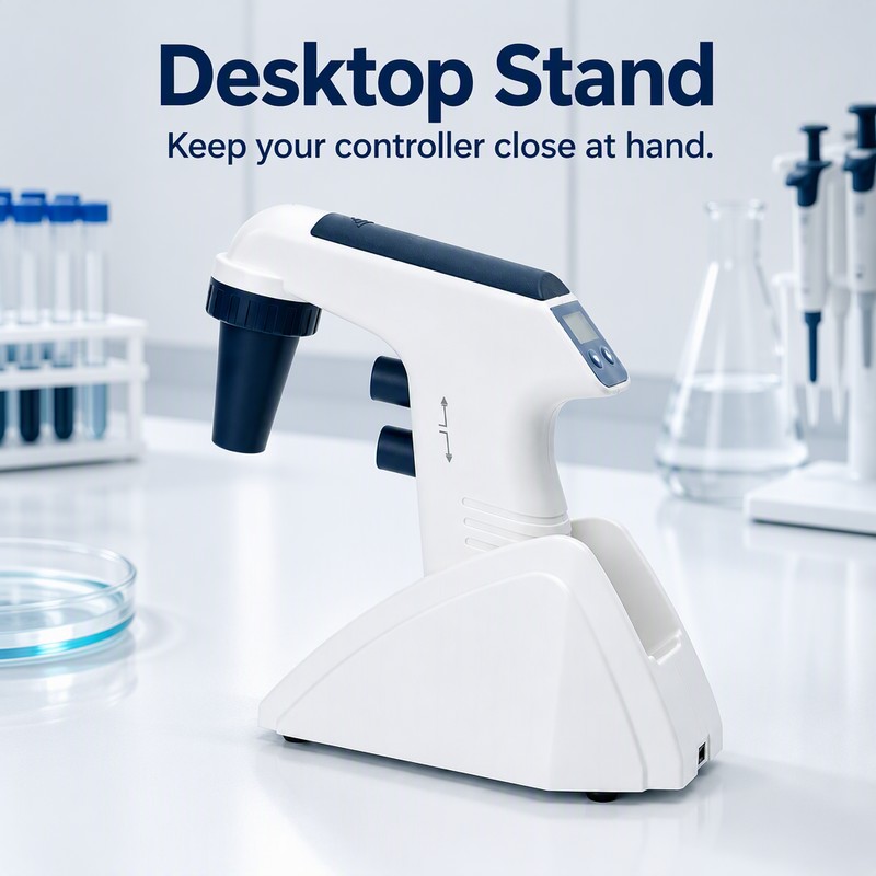 electronic pipette controller on a desktop stand on a laboratory bench