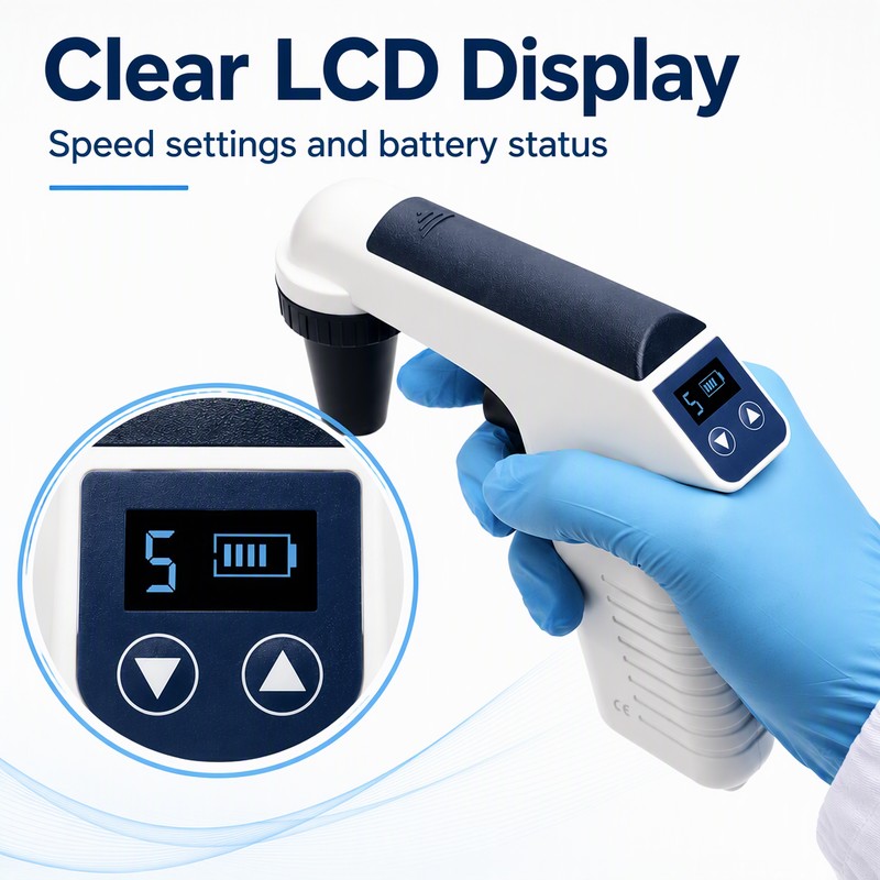 electronic pipette controller clear LCD display showing speed settings and battery status