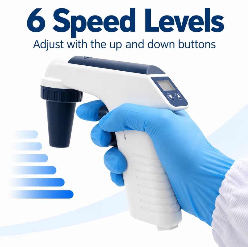 electronic pipette controller with 6 speed levels adjusted by the up and down buttons