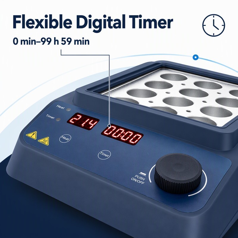 digital dry bath incubator flexible digital timer from 0 min to 99 hours 59 minutes
