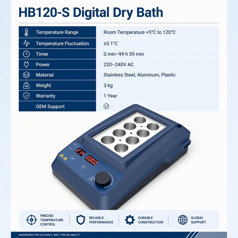digital dry bath incubator specifications room temperature +5C to 120C with 0.1C fluctuation and 3 kg weight