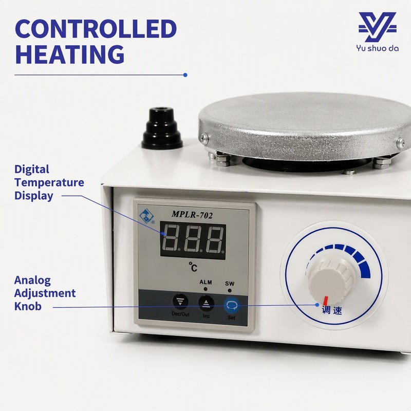lab magnetic stirrer hotplate close up of digital temperature display and analog adjustment knob