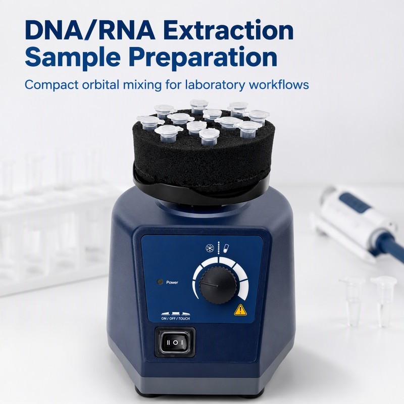 laboratory vortex mixer for DNA RNA extraction sample preparation with foam tube rack holding 1.5 mL tubes