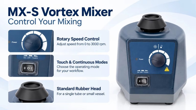 vortex mixer rotary speed control and standard rubber head detail view